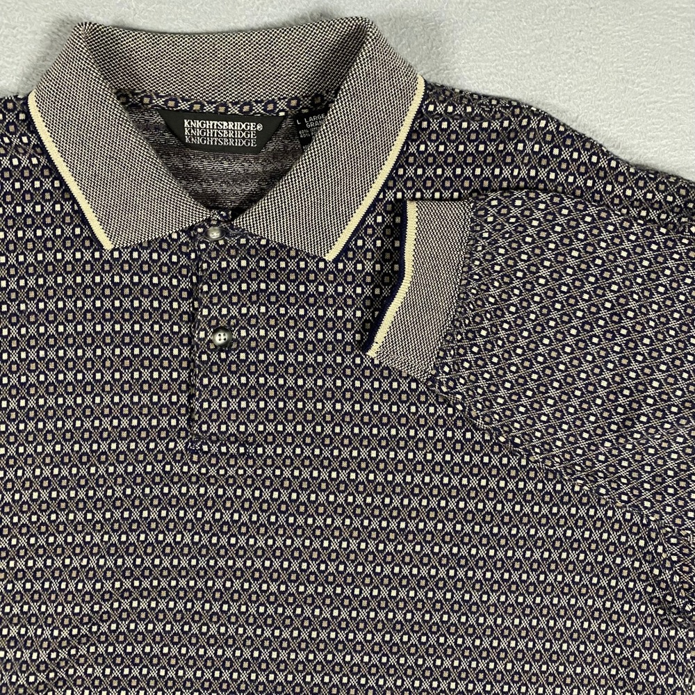 Knightsbridge Mens Large Long Sleeve Polo Shirt Geometric Diamond Knit Navy Tan
